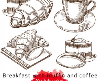 hand drawing breakfast with muffin and coffee vector