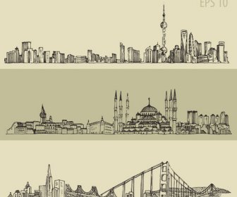 手描きの市レトロな背景のベクトル