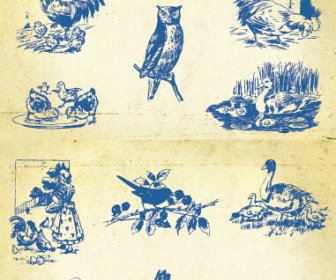 El çizim Vintage Kuşlar Vektör