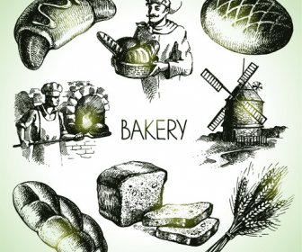 Tangan Ditarik Bakery Elemen Ikon Vektor