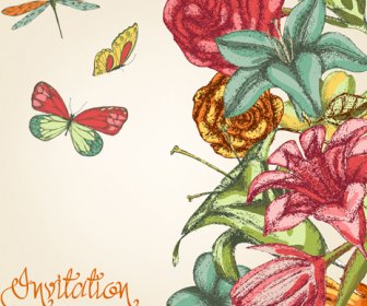 Hand Drawn Colored Floral Invitation Cards Vector