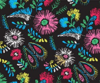 Hand Drawn Colored Flower And Feather Pattern Vector