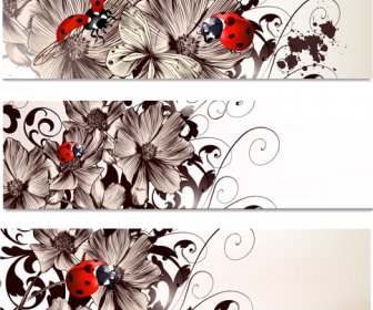 Hand Drawn Flowers And Coccinella Vector Banners
