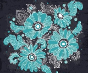 Hand Drawn Flowers Blue Vector Graphics