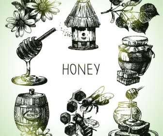 Hand Drawn Honey Elements Vector Icons