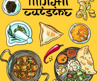 Tangan Ditarik Makanan India Elemen Vektor