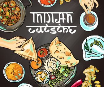 руки Drawn индийская еда элементы вектора