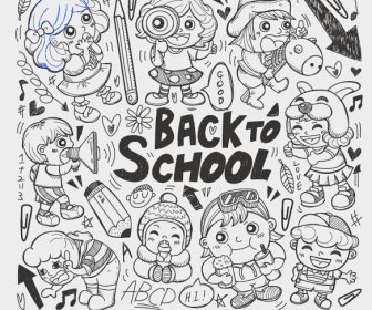 Hand Drawn Kids With School Elements Vector