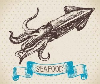 Tangan Ditarik Seafood Dengan Pita Vektor