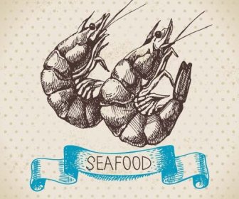 Tangan Ditarik Seafood Dengan Pita Vektor
