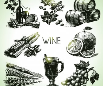Hand Drawn Wine Design Vector Icons