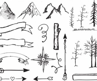 Handdrawn Icons Ribbon Mount Tree Arrow Sketch