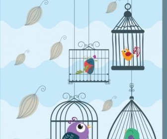 Hanging Birds Cages Background Colored Design Style