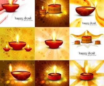 Happy Diwali Beautiful 9 Collection Presentation Colorful Hindu Festival Background Illustration Vector