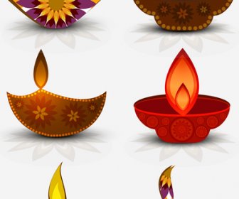 Happy Diwali Mengkilap 6 Berbagai Diwali Diya Menetapkan Latar Belakang Floral Vector