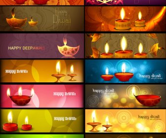 Happy Diwali Stylish Bright Colorful Collection Headers Set Of Vector