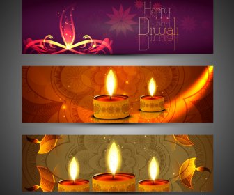 Happy Diwali Bergaya Terang Warna-warni Set Header Desain Vektor