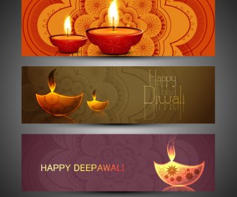 Feliz Diwali Con Estilo Brillante Colorido Conjunto De Encabezados Diseño Vector