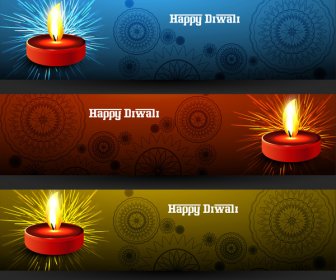 Feliz Diwali Elegante Brilhante Colorido Conjunto De Vetor De Cabeçalhos