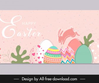 Happy Easter Banner Template Flat Eggs Rabbits Leaves Decor