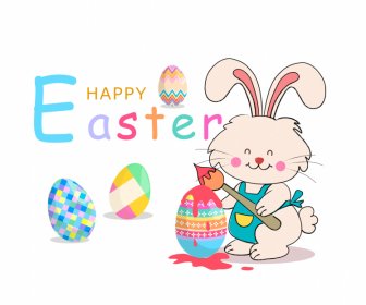 Happy Easter Greeting Card Banner Cute Cartoon Stylized Rabbit Colorful Painted Eggs Decor