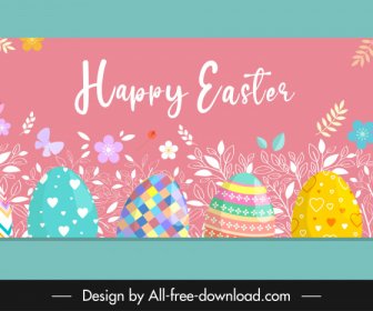 Happy Easter Poster Colorful Eggs Nature Elements Flower Leaves Decor