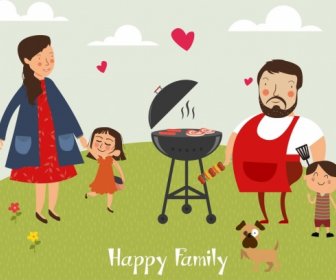 Happy Family Background Barbecue Icon Colored Cartoon Characters