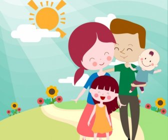Happy Family Background Parents Children Icons Cartoon Characters