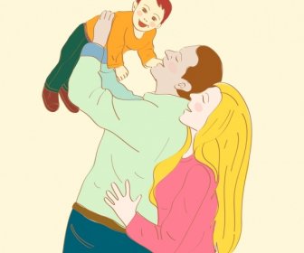 Feliz Familia Dibujo Padres Niño Iconos Dibujos Animados Diseño