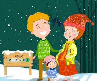 Счастливая семья, рисование снежной зимы цветной мультфильм дизайн