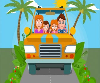 أسرة سعيدة مسافراً في سيارة الرسم بالألوان