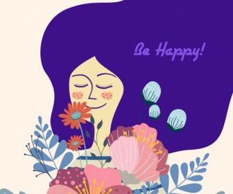 幸せのグリーティング カード テンプレート女性花アイコン装飾