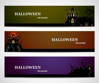 Happy Halloween Day Bright Colorful Headers Set Design Vector