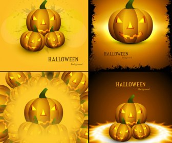 Happy Halloween Four Collection Yellow Pumpkins Colorful Design Vector Illustration