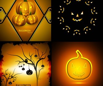 Happy Halloween Party Four Collection Presentation Bright Colorful Card Design Vector