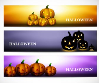 Happy Halloween Pumpkins Three Headers Set Colorful Vector Illustration
