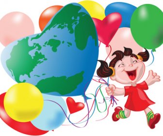 Happy Kid With Colored Balloons Vector