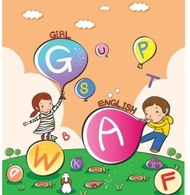 アルファベット風船で遊ぶ幸せな子供ベクトル子供イラスト
