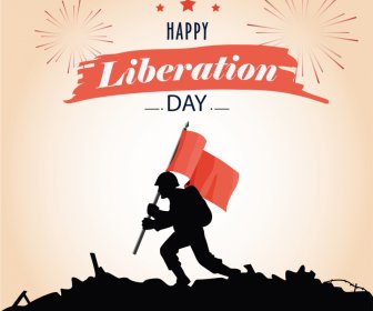 happy liberation day banner silhouette battlefield scene fireworks sketch
