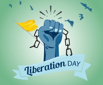 Happy Liberation Day Poster Dynamic Flying Birds Breaking Chain Hand Flat Sketch