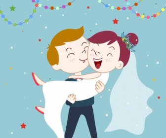 Happy Marriage Couple Drawing Colored Cartoon Design