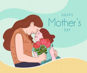 Happy Mother Day Banner Mom Daughter Flowers Bouquet Sketch Cartoon Design