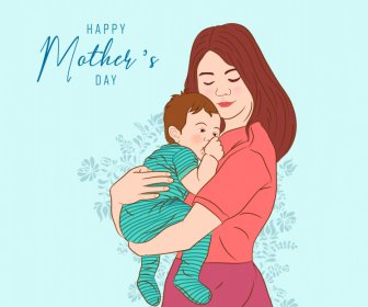 Feliz Día De Las Madres Plantilla De Banner Mamá Bebé Hijo Boceto De Dibujos Animados