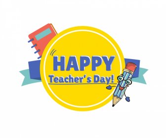 Happy Teacher Day Design Elements Funny Stylized Pencil Ribbon Notebook Sketch