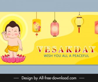 Happy Vesak Day Birthday Banner Template Lantern Baby Lotus Sketch