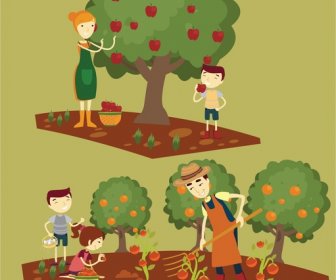 Harvests Drawings Illustration With Family Gathering Fruits