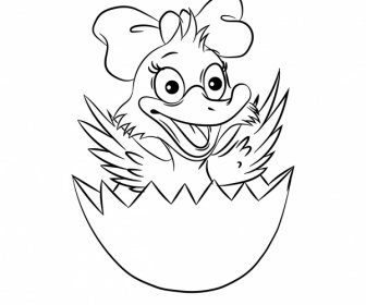 Hatched Duck Icon Funny Black White Cartoon Sketch