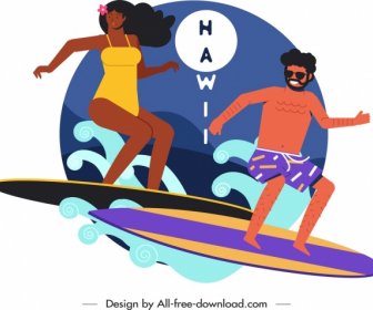Hawaii Pubblicità Sfondo Surf Persone Icona Schizzo Del Fumetto