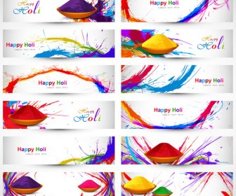 заголовок и знамя набор счастливый Холи красивый Индийский фестиваль красочные коллекции дизайн вектор