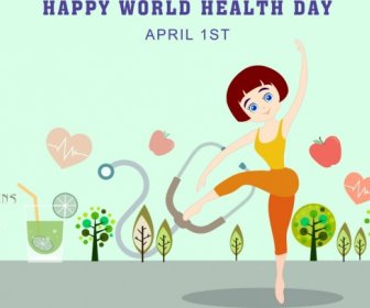 Día De La Salud Fitness Mujer Icono Bandera De Dibujos Animados De Colores